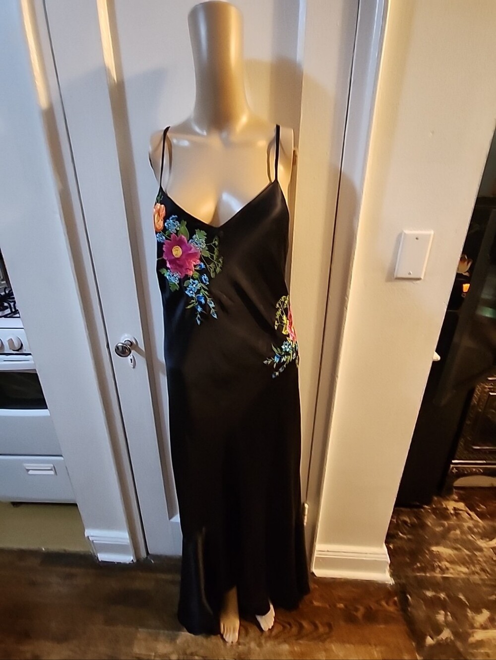 Vintage 1990s Black Silk Gown Size M Multi Color Embroidered Flowers 1930s Style